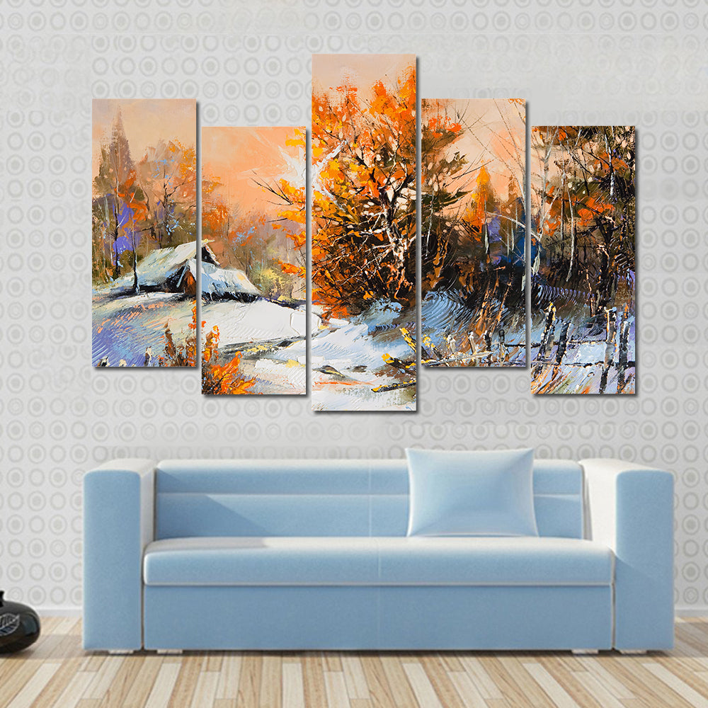 Snow-covered Cabin with Orange Foliage Canvas Wall Art
