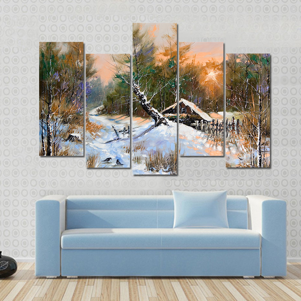 Snowy Cabin in Winter Forest Canvas Wall Art
