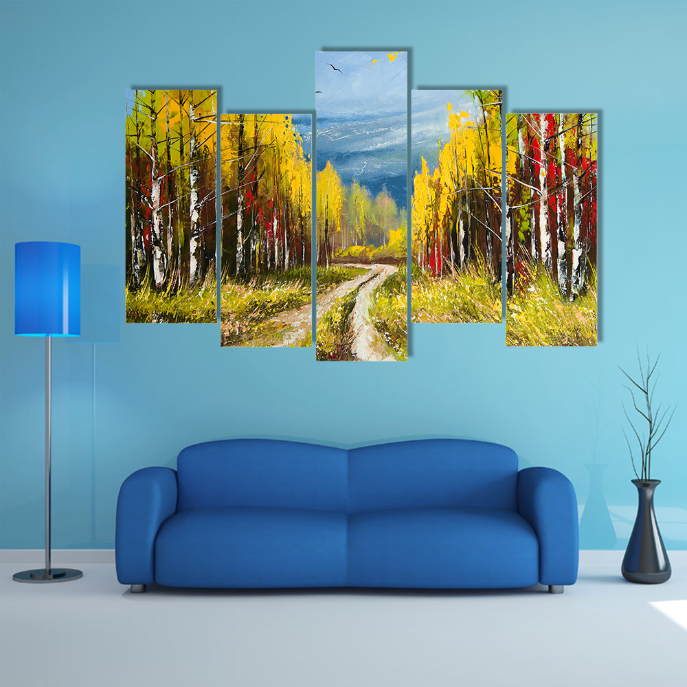 Autumn Forest Path with Birch Trees Canvas Wall Art