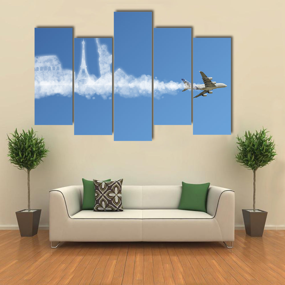 Commercial Jet with Landmark Smoke Trail Canvas Wall Art in white and blue, 5 panel Pop layout hung on a wall