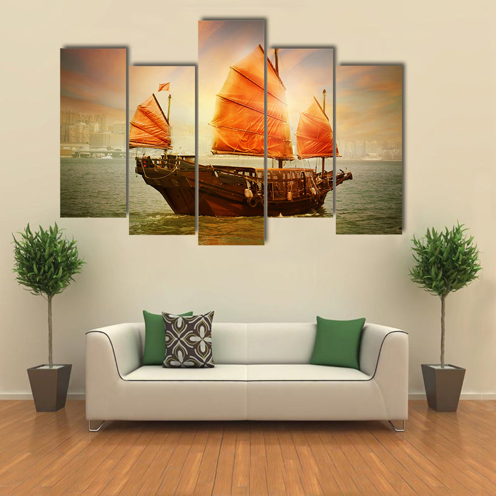Chinese Junk Boat at Sunset Canvas Wall Art