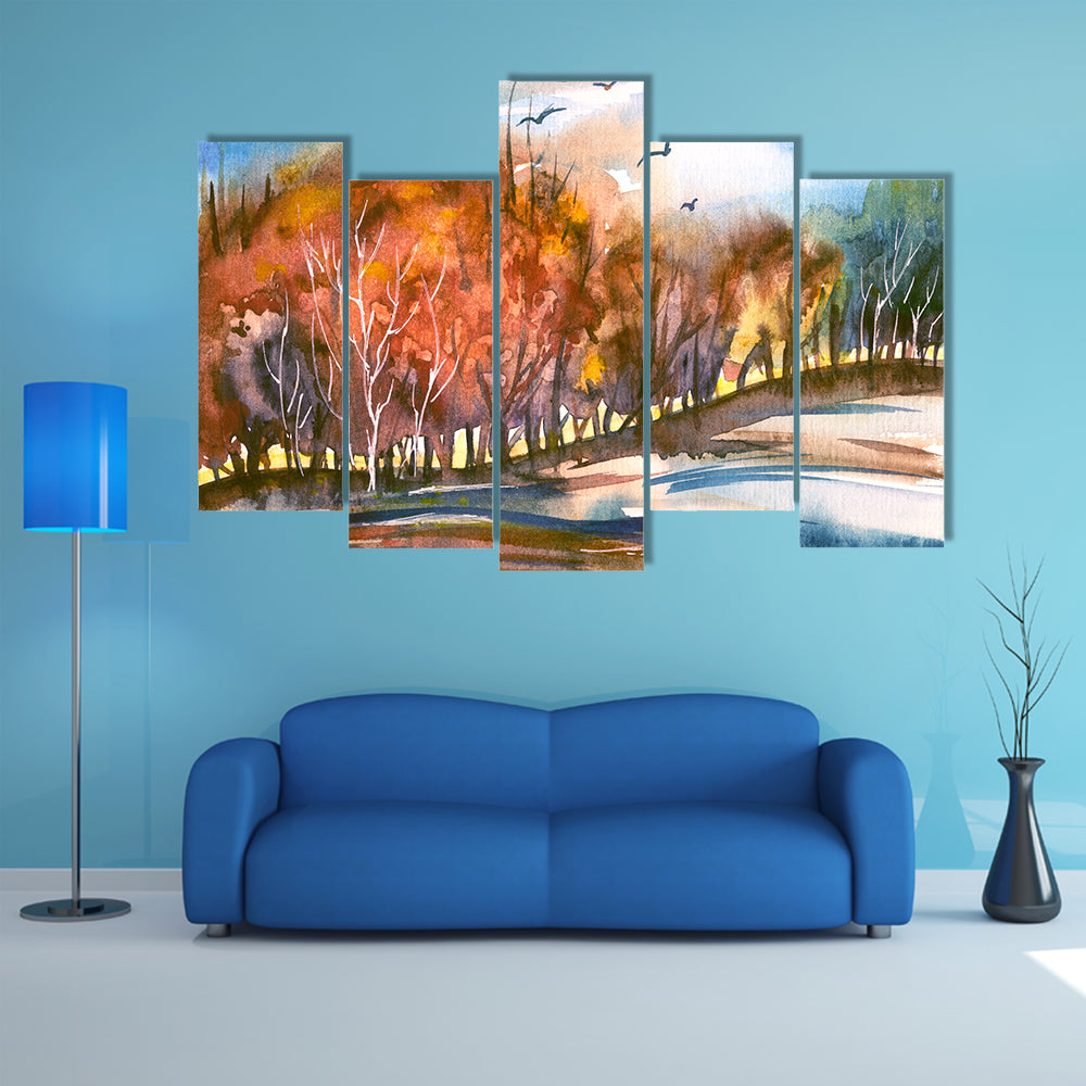 Autumn Lakeside Tree Line Canvas Wall Art