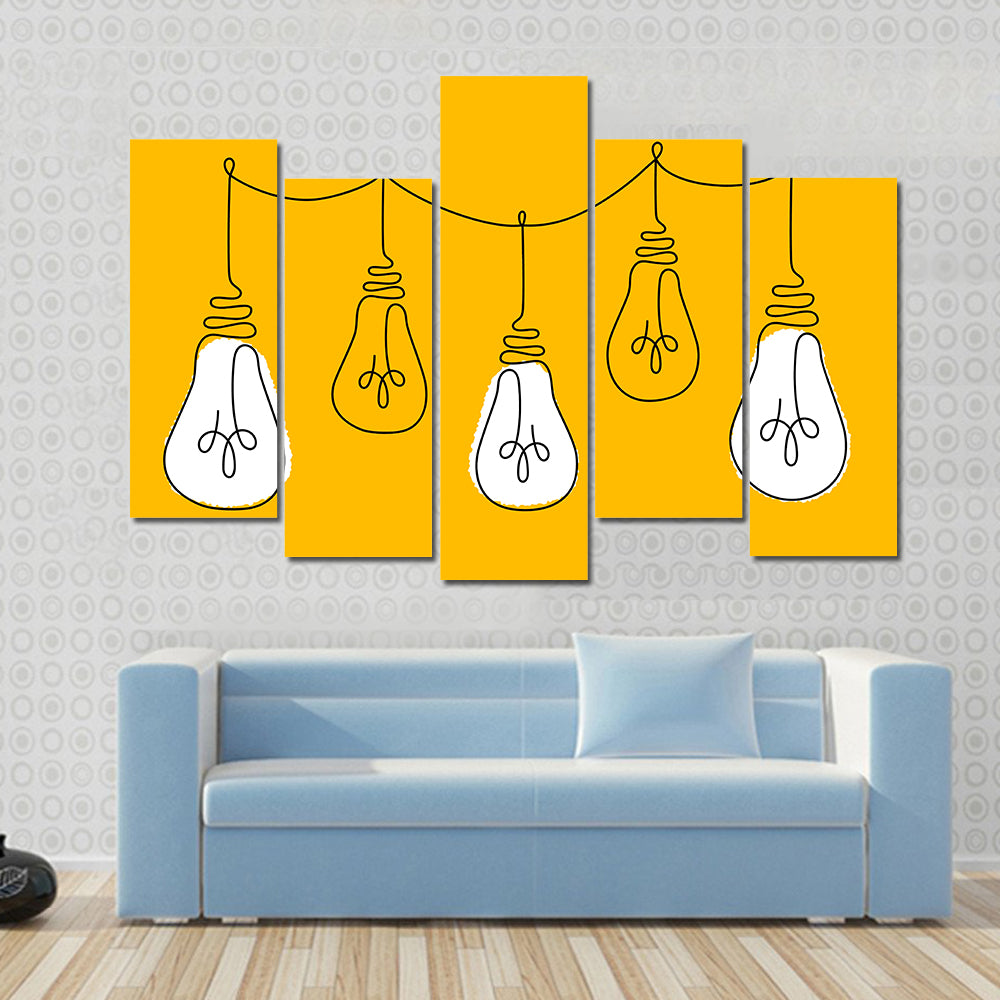 Five Light Bulbs Line on Yellow Canvas Wall Art