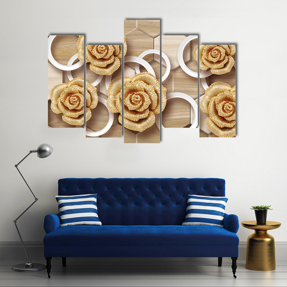 Golden Roses with Floating Rings and Hexagons Canvas Wall Art