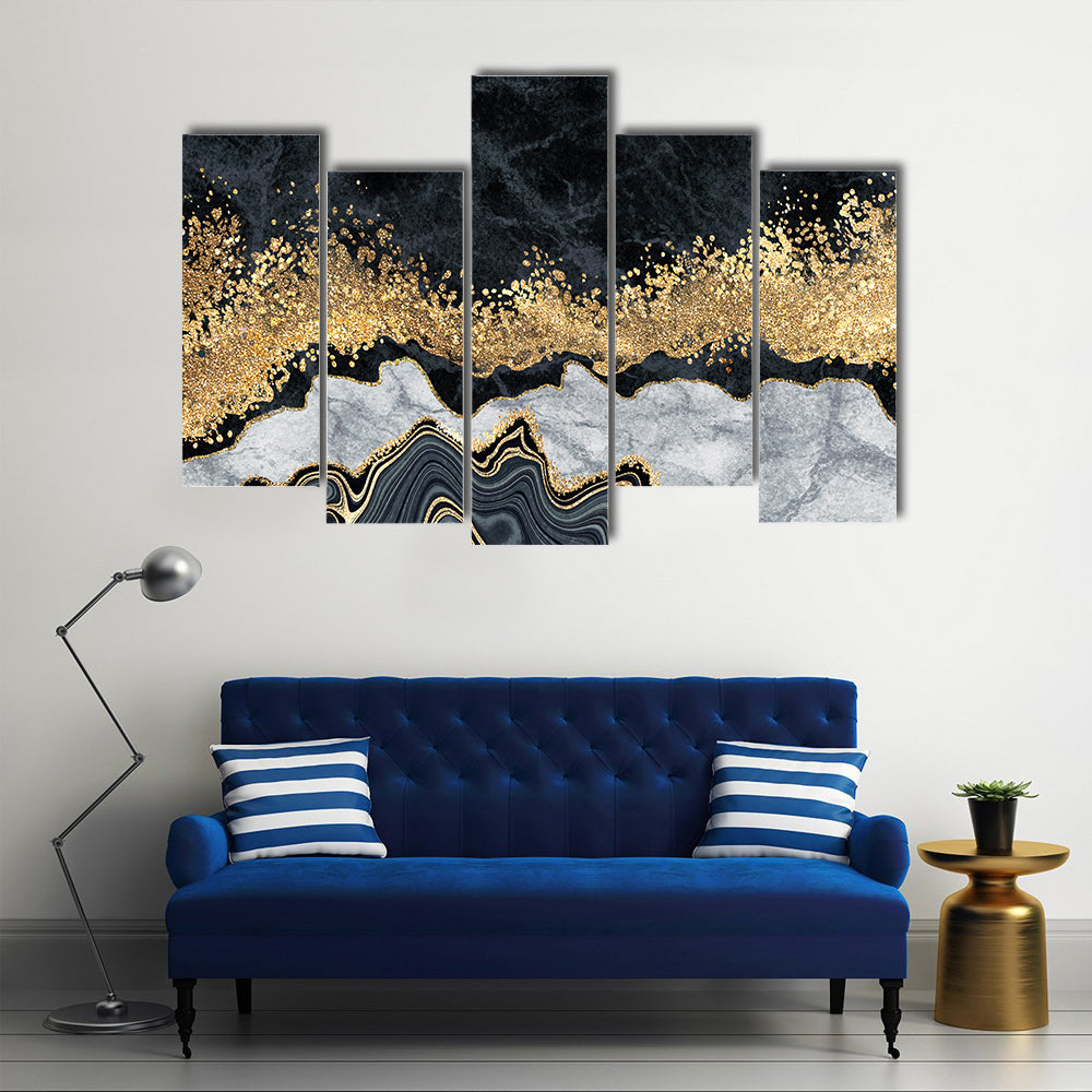 Gold-accented Black and White Marble Abstract Canvas Wall Art