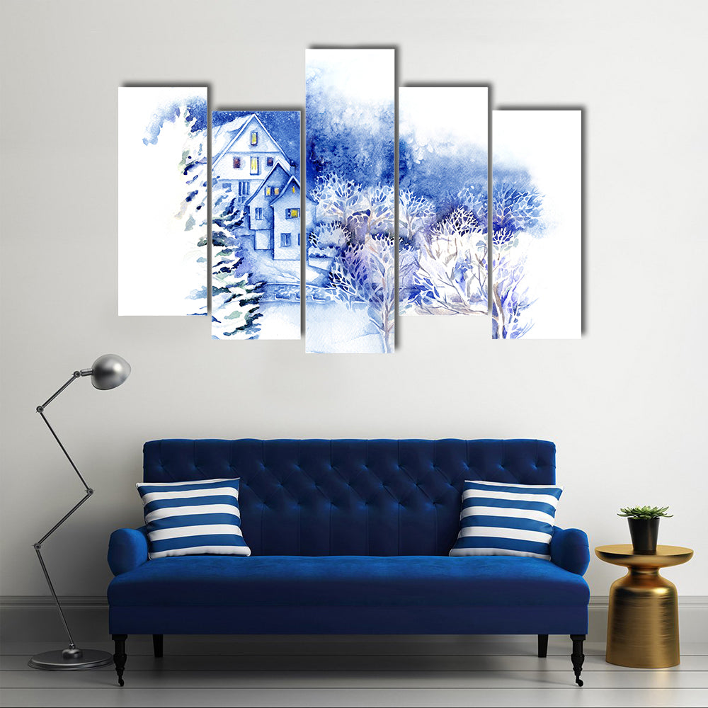 Snow-covered Houses Watercolor Landscape Canvas Wall Art