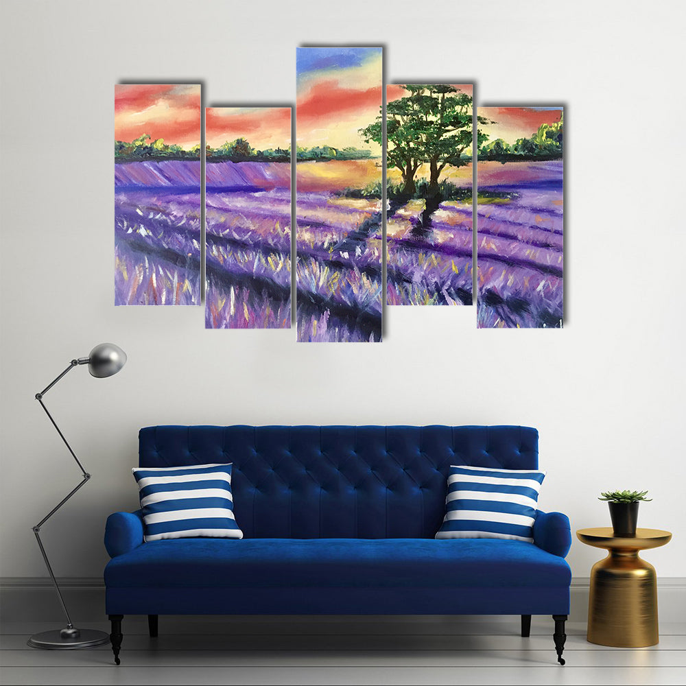 Lavender Field at Golden Sunset Canvas Wall Art