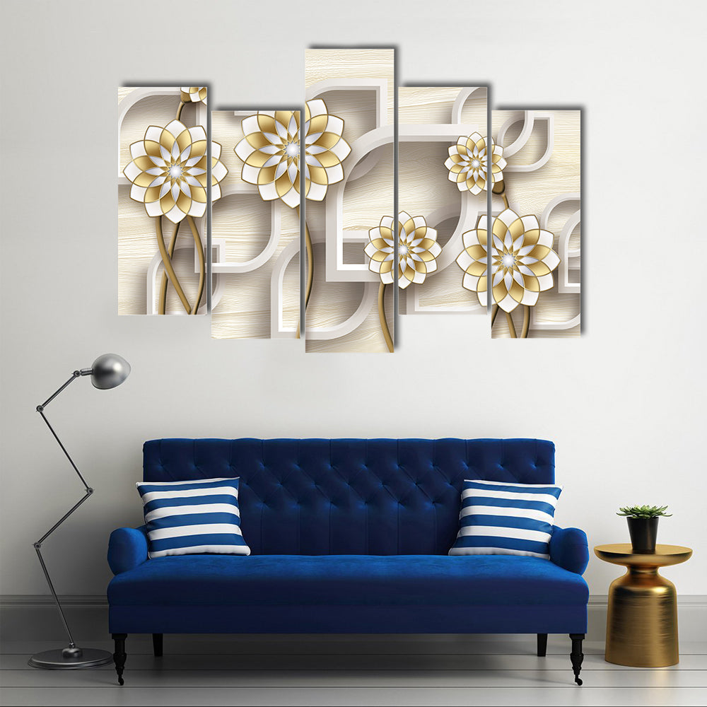 3d Gold and White Floral Illustration Canvas Wall Art