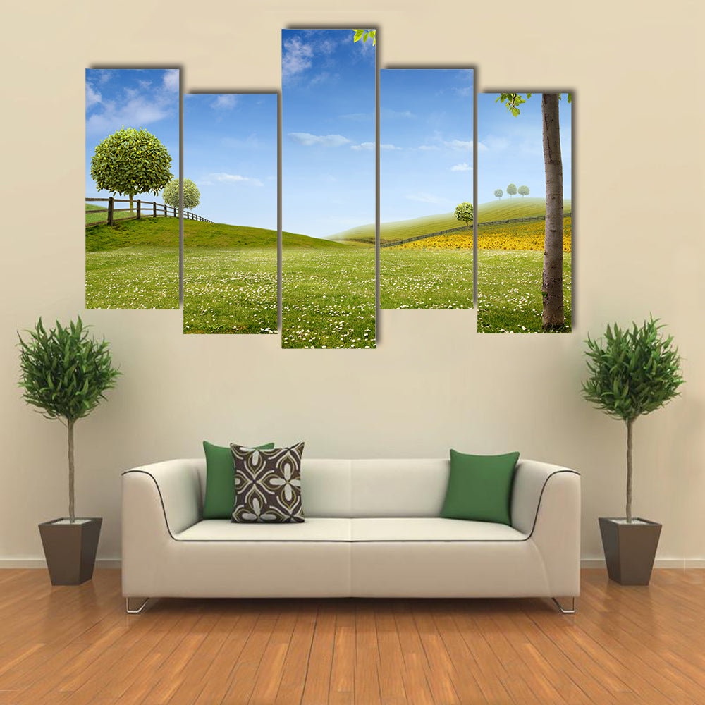Summer Green Fields with Daisies Canvas Wall Art