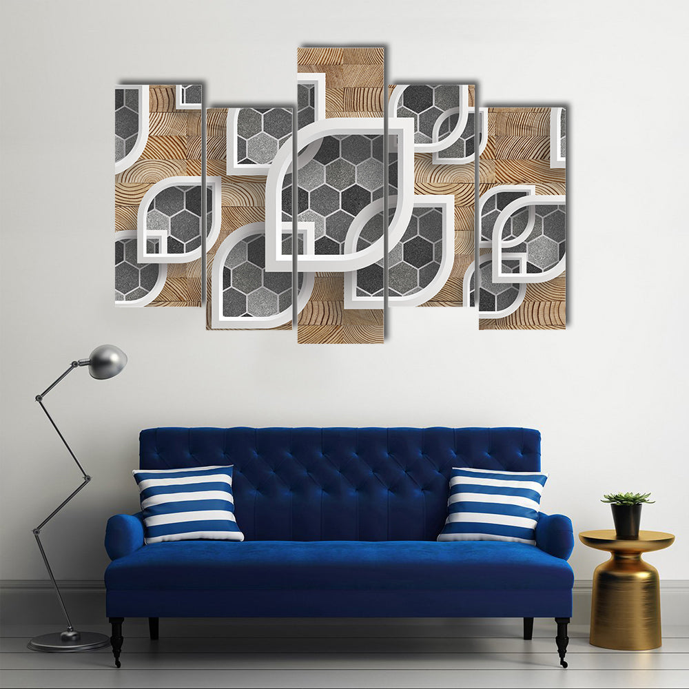 Layered Geometric Leaves with Wood Grain Canvas Wall Art
