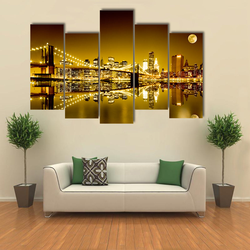 Moonlit Brooklyn Bridge and Lower Manhattan Canvas Wall Art