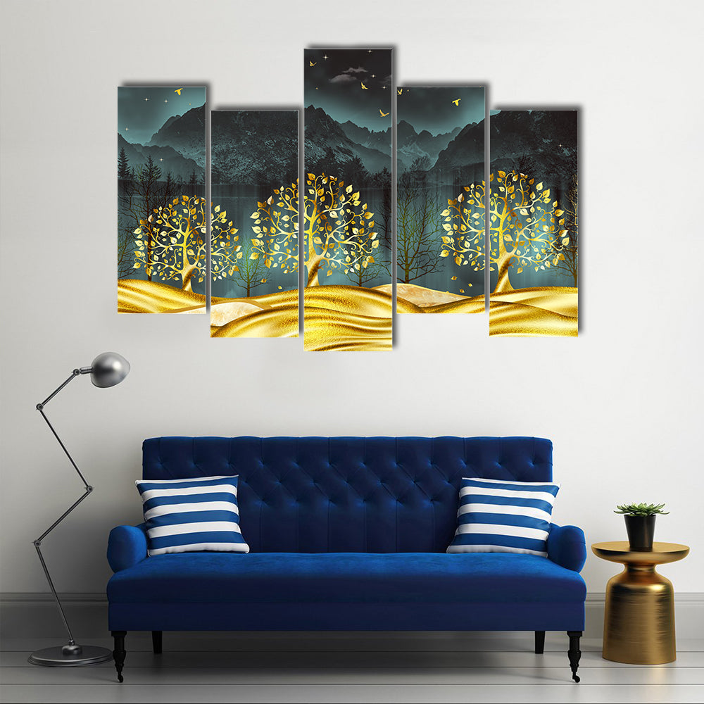 Moonlit Golden Trees Abstract Landscape Canvas Wall Art