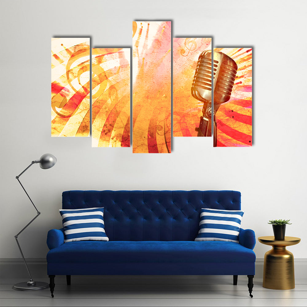 Retro Microphone with Musical Notes Canvas Wall Art