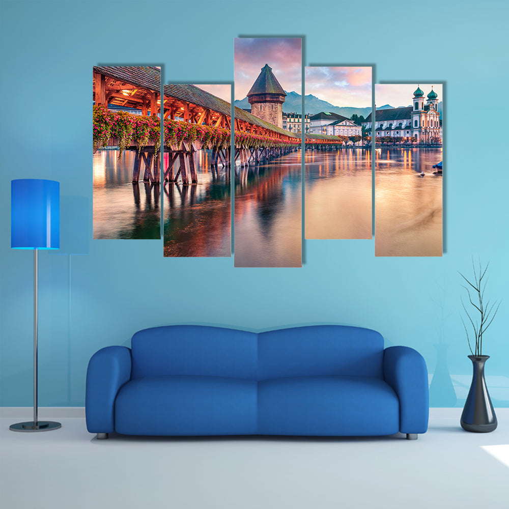 Old Wooden Chapel Bridge Kapellbrucke In Switzerland Canvas Wall Art