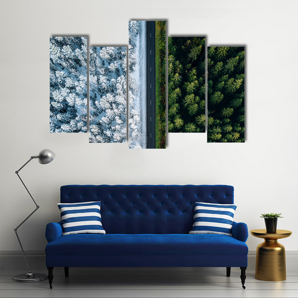 Highway Road Through Forest In Summer And Winter Canvas Wall Art