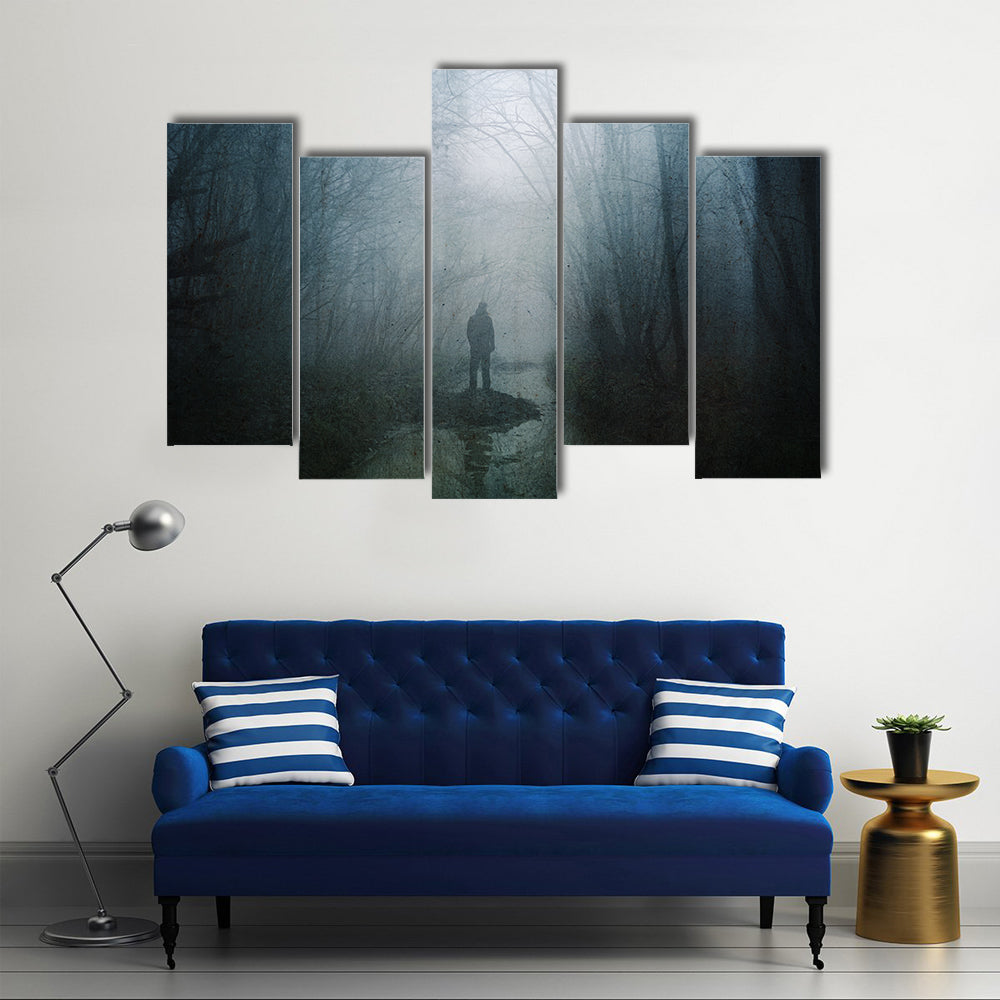 Silhouette at Stream in Misty Forest Canvas Wall Art