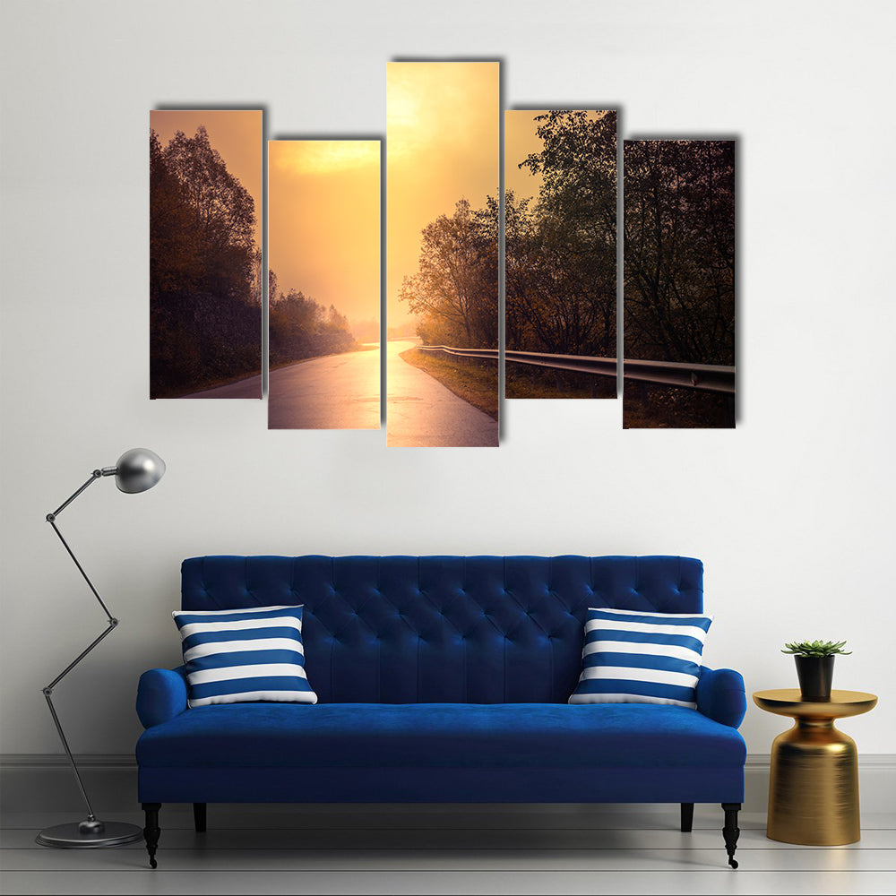 Windy Road Among The Forest At Sunset Canvas Wall Art
