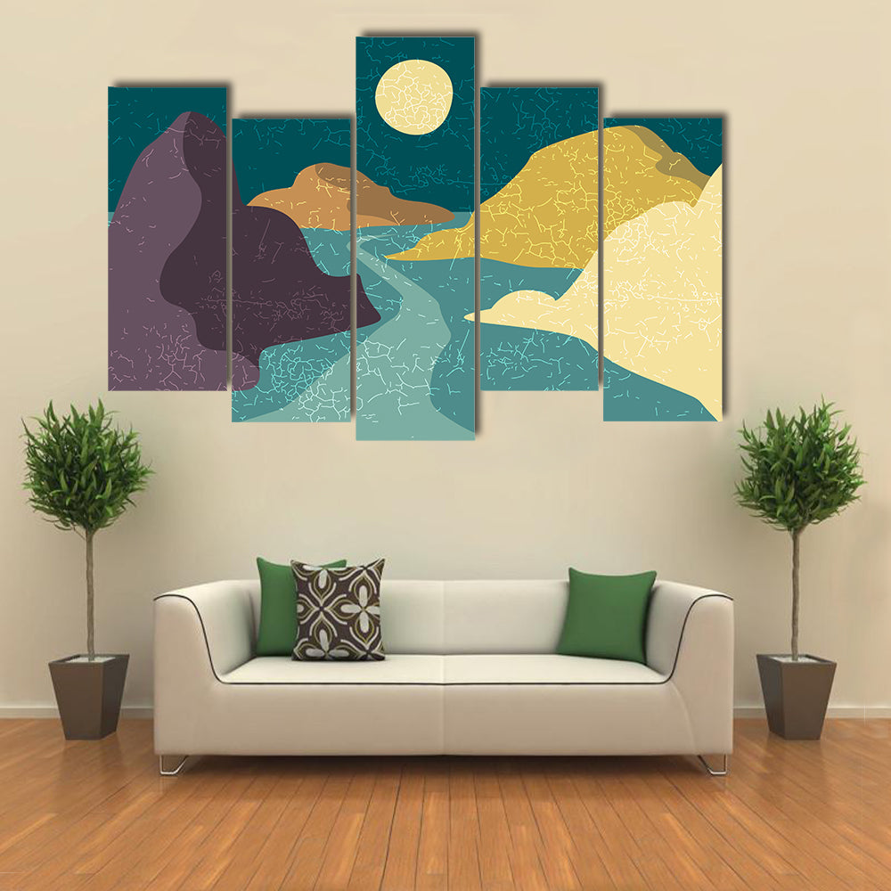 Teal and Purple Moonlit Mountain Abstract Canvas Wall Art