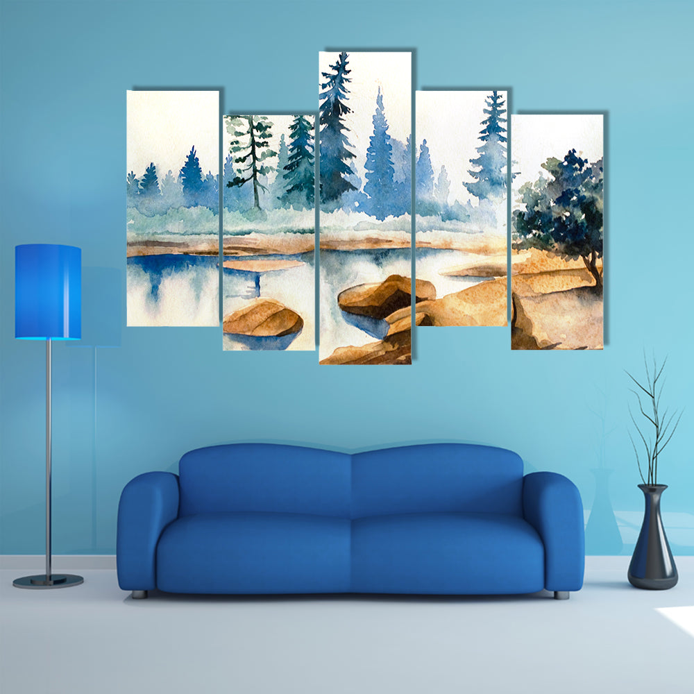 Watercolor Lake Landscape Canvas Wall Art