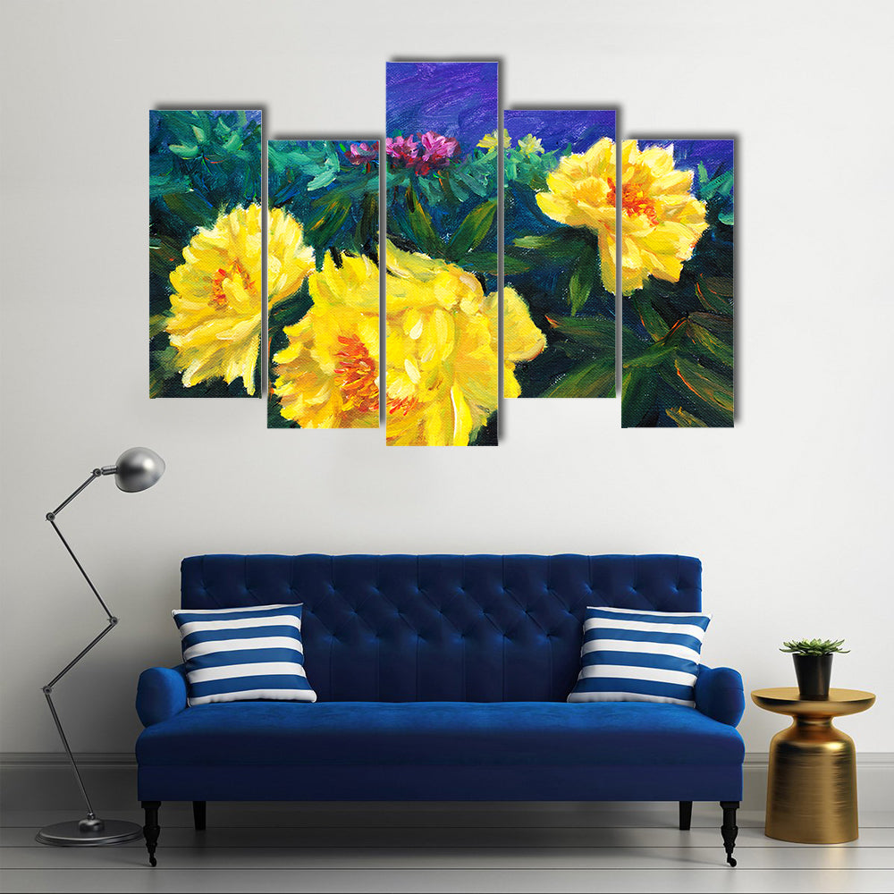 Blooming Yellow Peonies with Textured Blue Background Canvas Wall Art