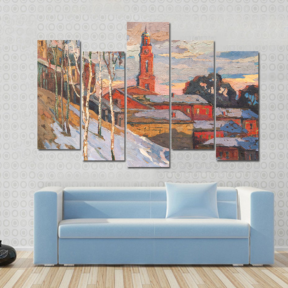 Snowy Hillside Town with Belfry Tower Canvas Wall Art