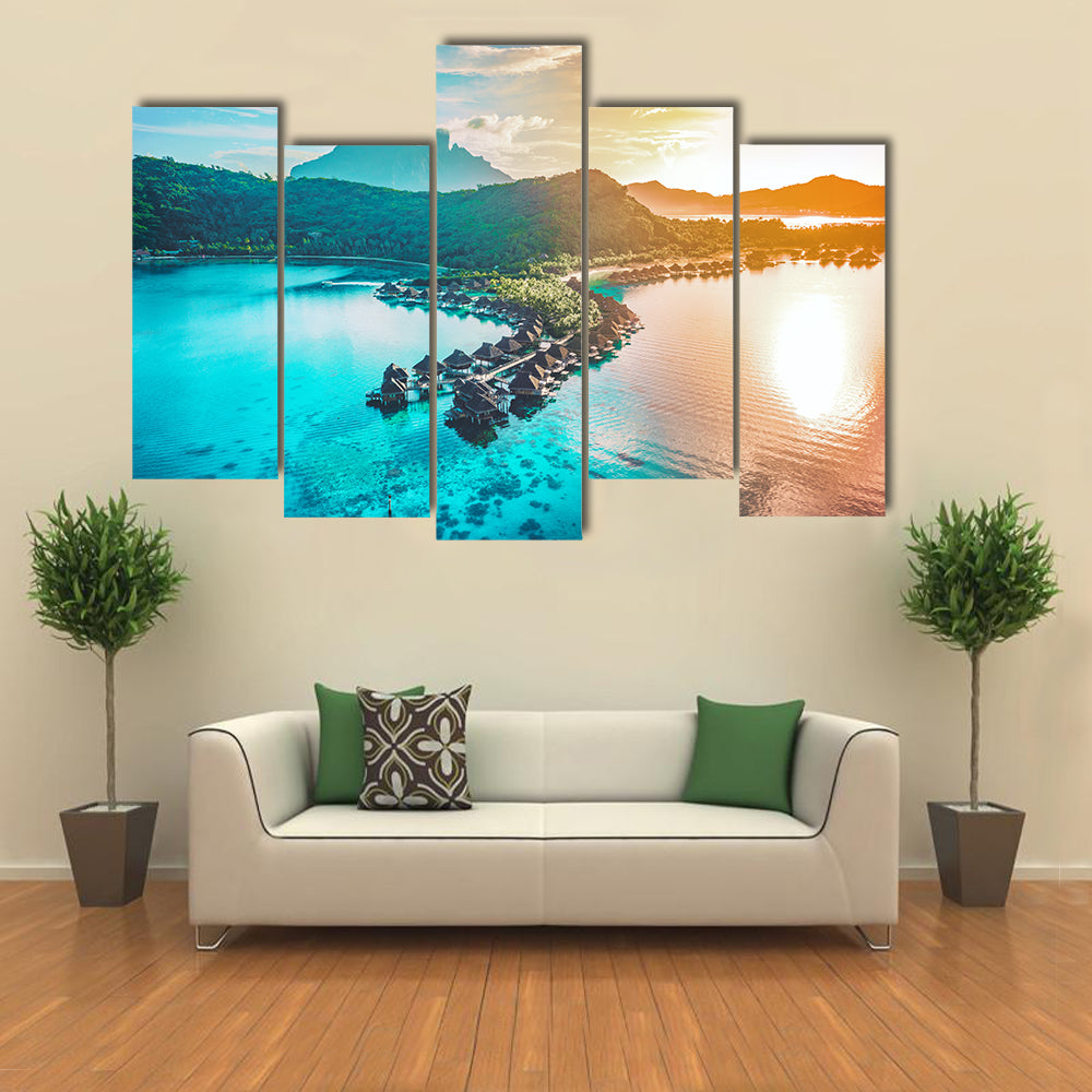 Bora Bora Overwater Bungalows at Sunset Canvas Wall Art