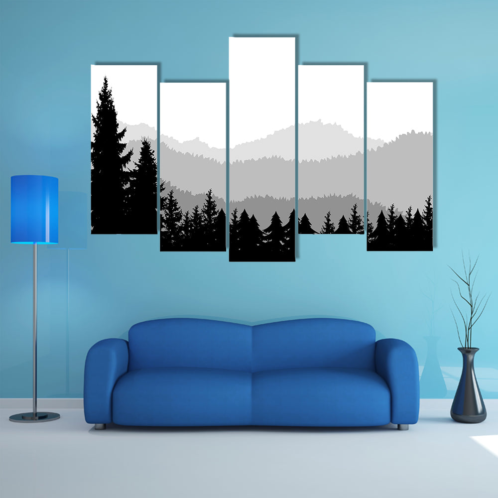 Monochrome Mountain Ranges with Pine Silhouettes Canvas Wall Art