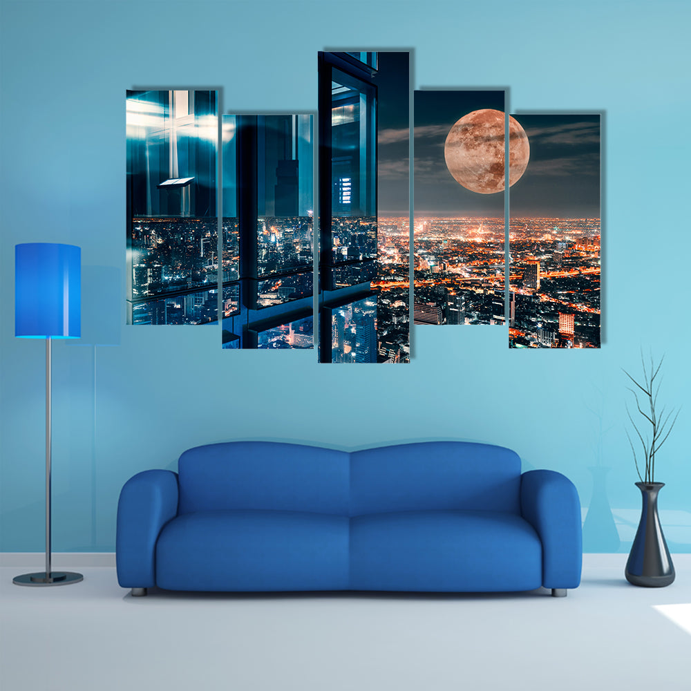 Bangkok Night Skyline with Full Moon Canvas Wall Art