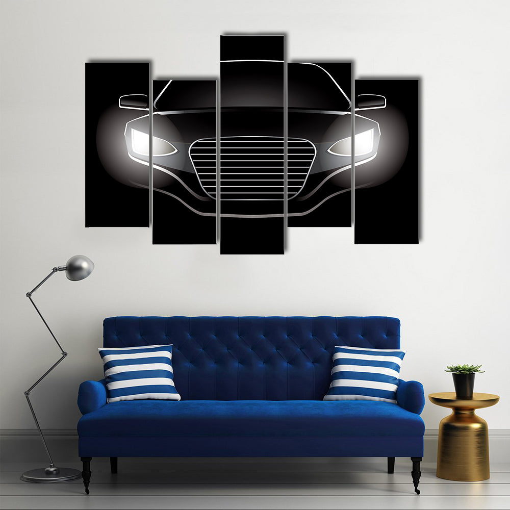 Black Car Silhouette with Glowing Headlights Canvas Wall Art
