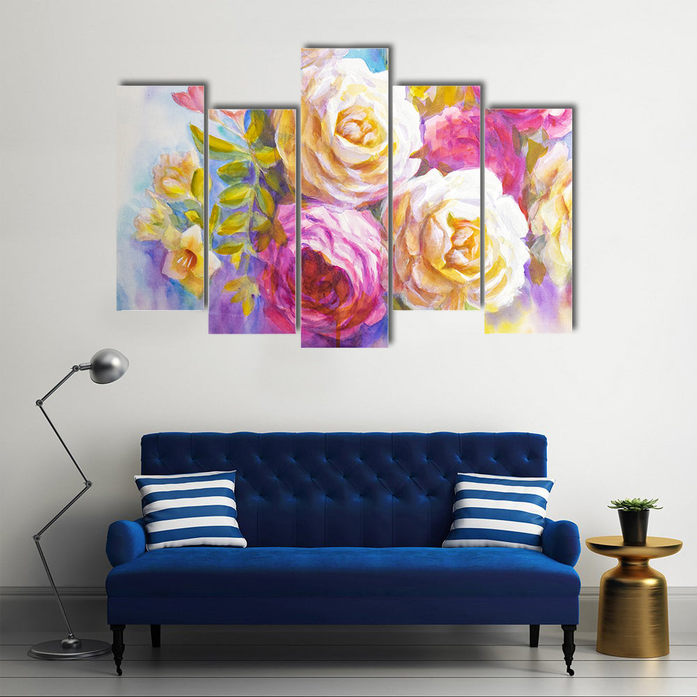 Sketch Of Peonies And Roses Bouquet Canvas Wall Art