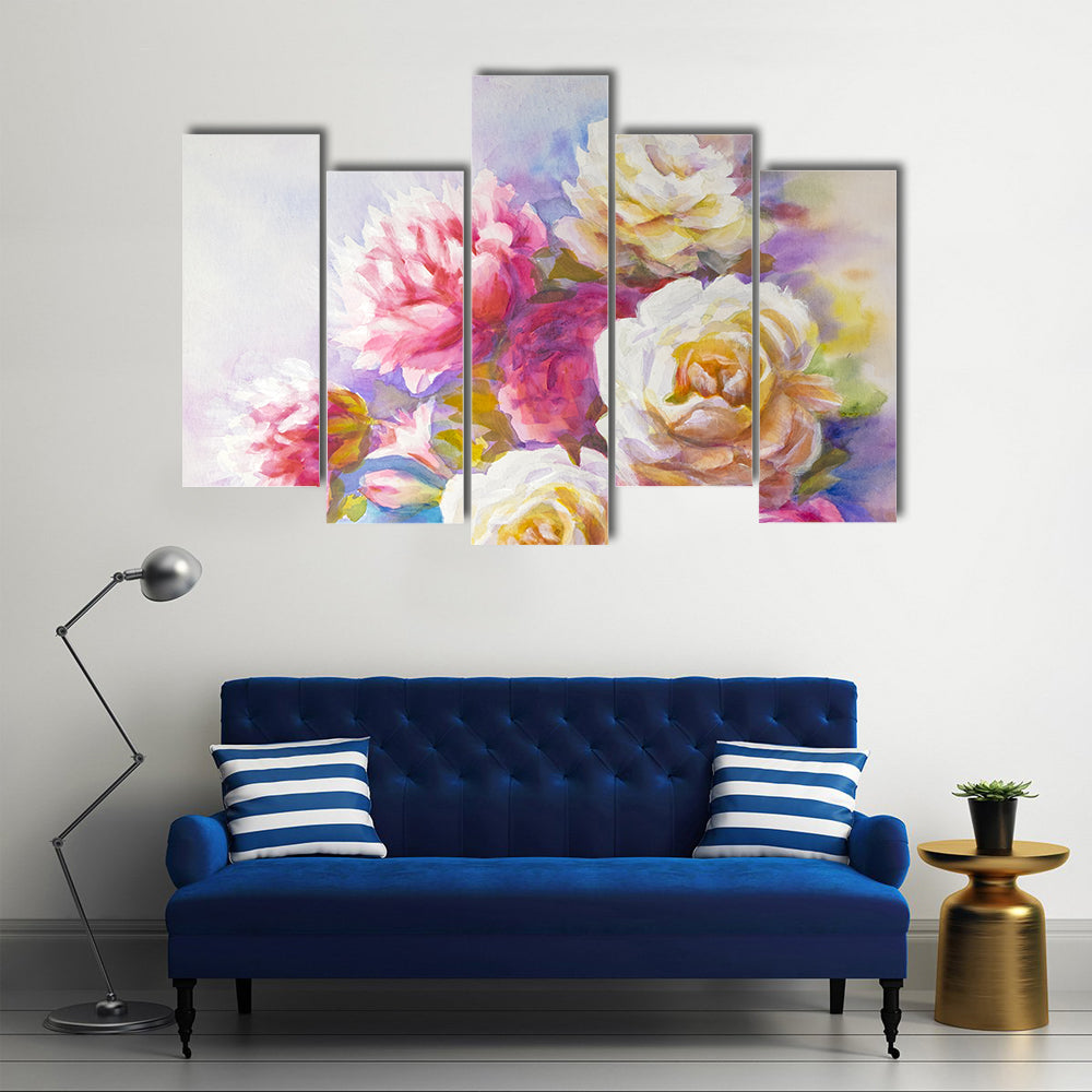 Watercolor Roses And Peonies Sketch Canvas Wall Art