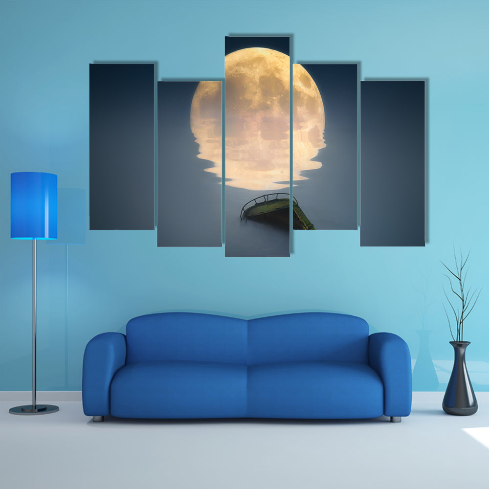 Full Moon Over Broken Ship In Sea Canvas Wall Art