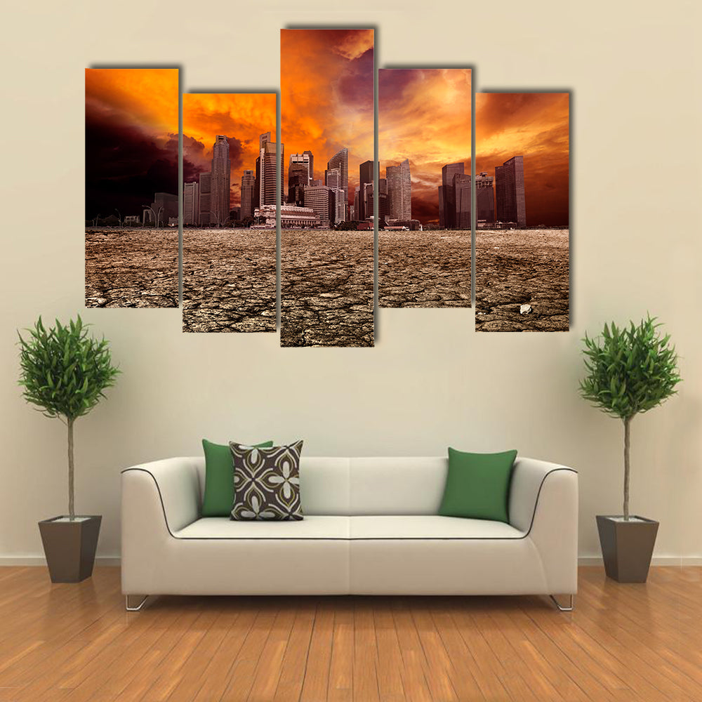 Apocalyptic City Skyline Over Cracked Earth Canvas Wall Art