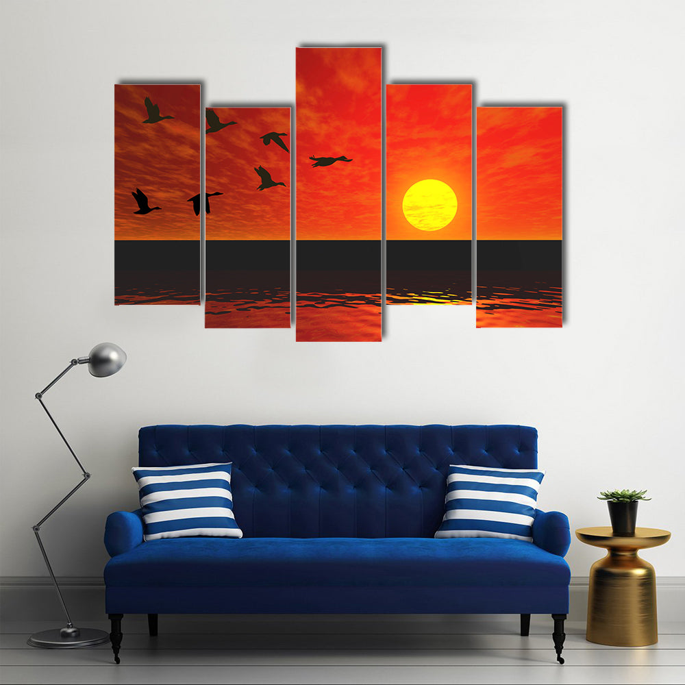 Flying Ducks At Sunset Canvas Wall Art