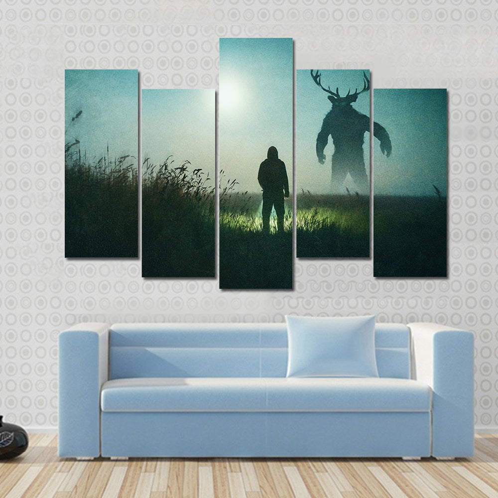 Alone Man Against Mysterious Monster Canvas Wall Art