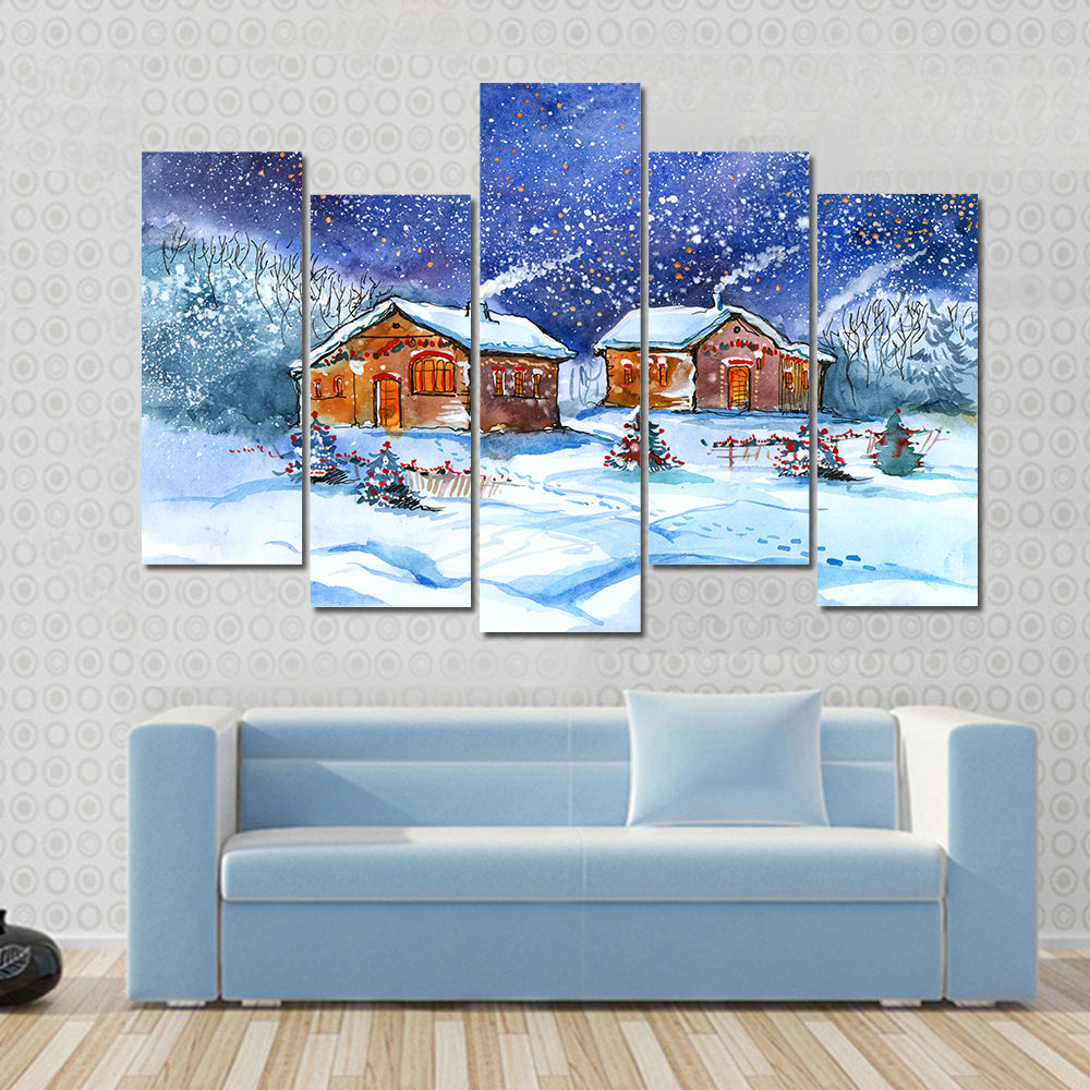 Two Winter Cottages Under Starry Night Canvas Wall Art