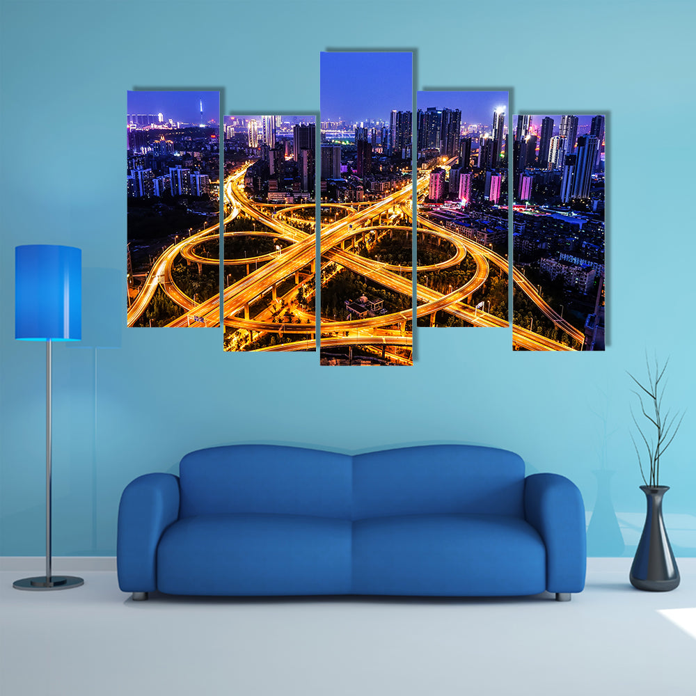 Night Traffic Interchange in Hanyang, Wuhan Canvas Wall Art