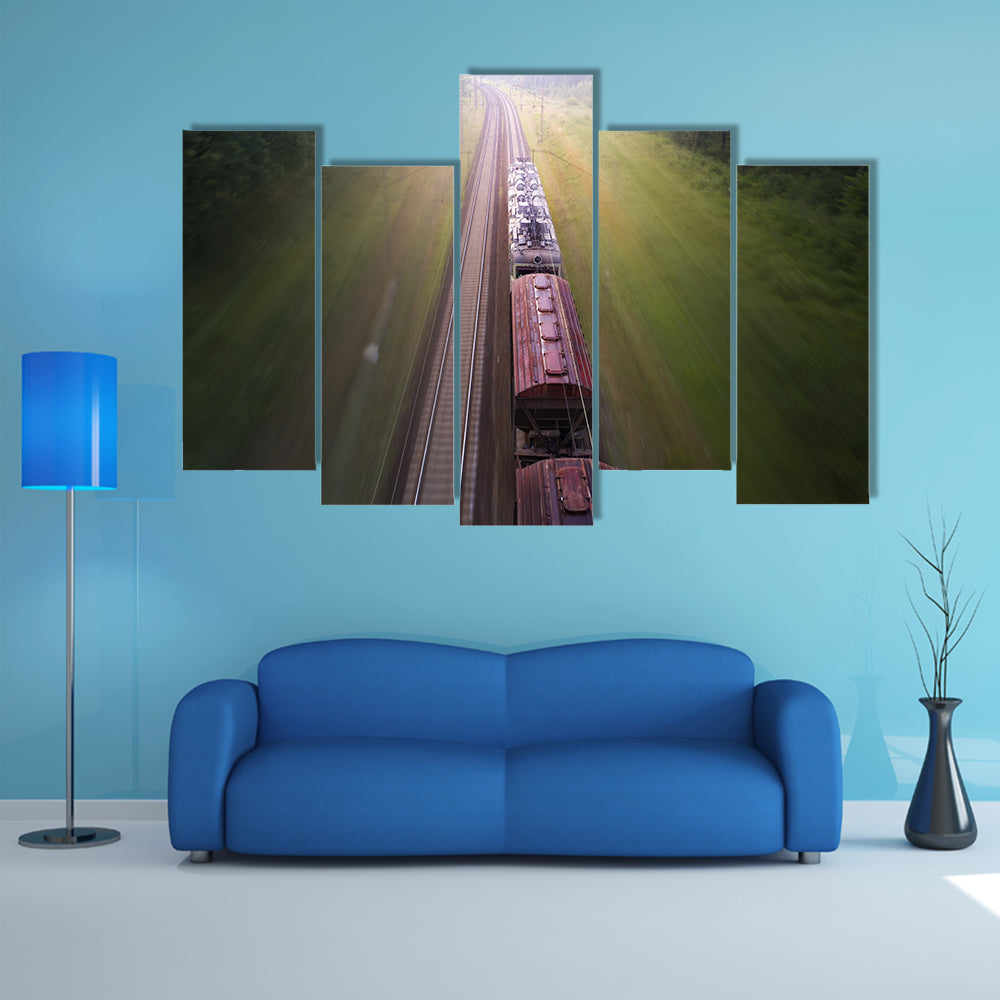 Freight Train Travels Through Foggy Forest Canvas Wall Art