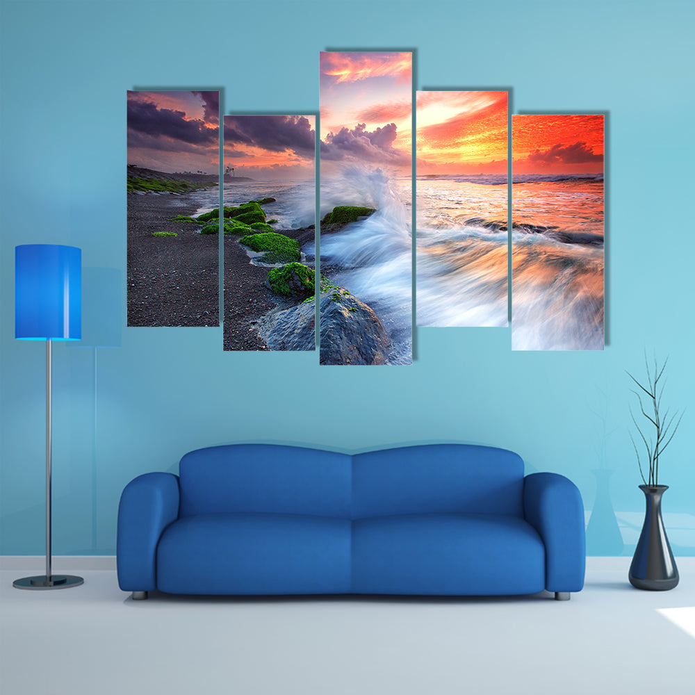 Burning Sky Over Black Sand Beach Canvas Wall Art