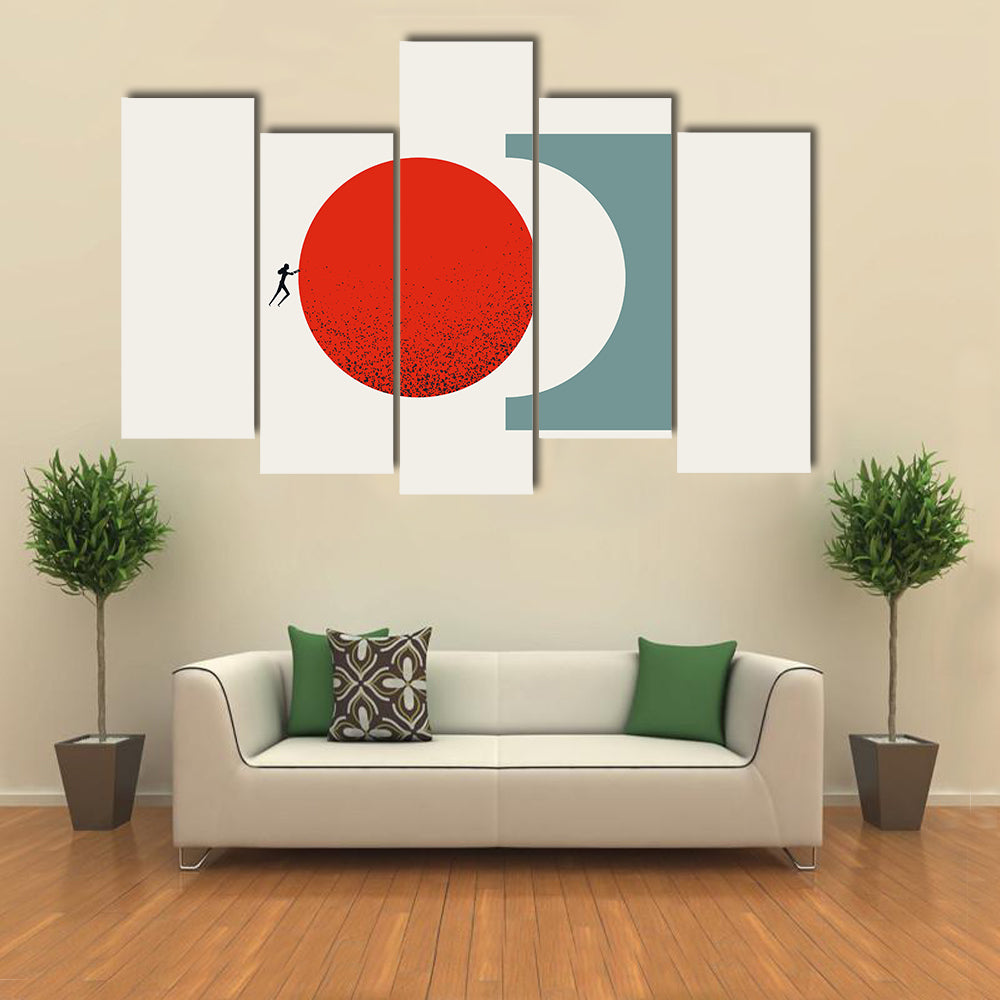 Silhouette Pushing Red Circle Canvas Wall Art