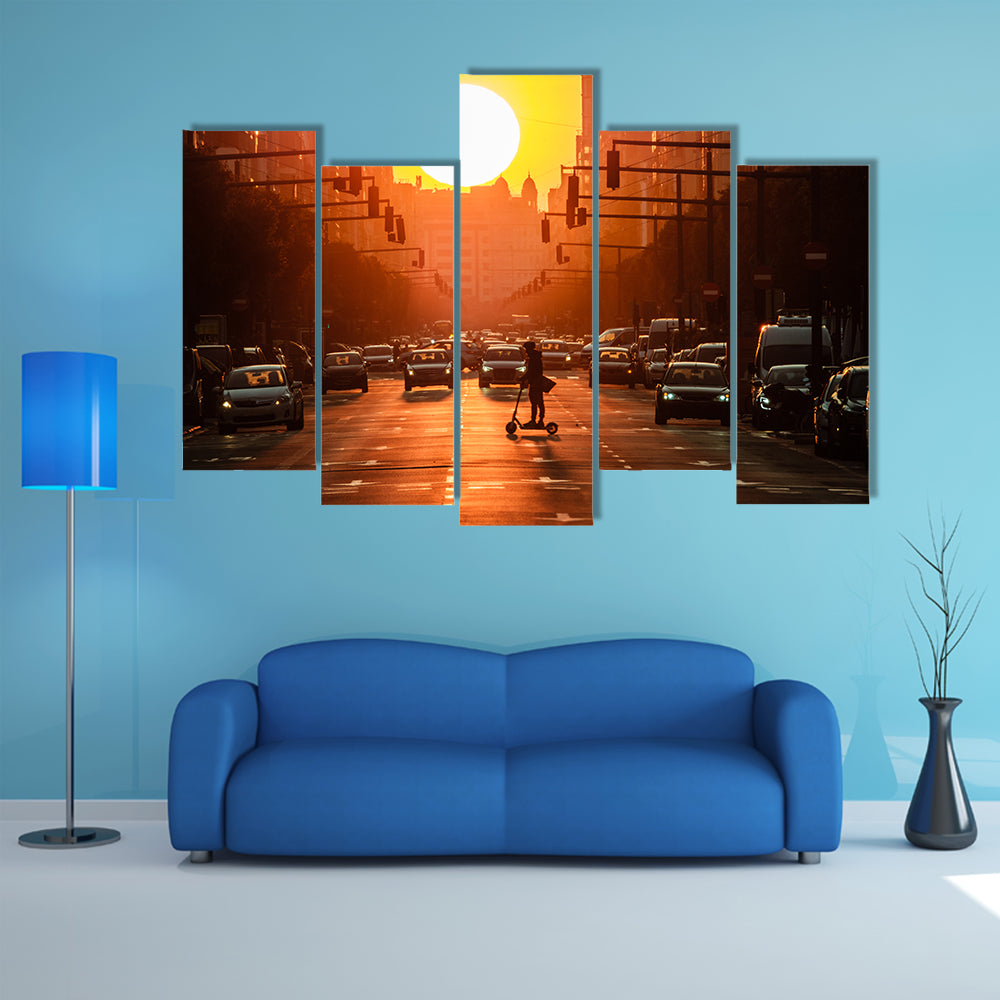 Sunset City Street with Scooter Canvas Wall Art