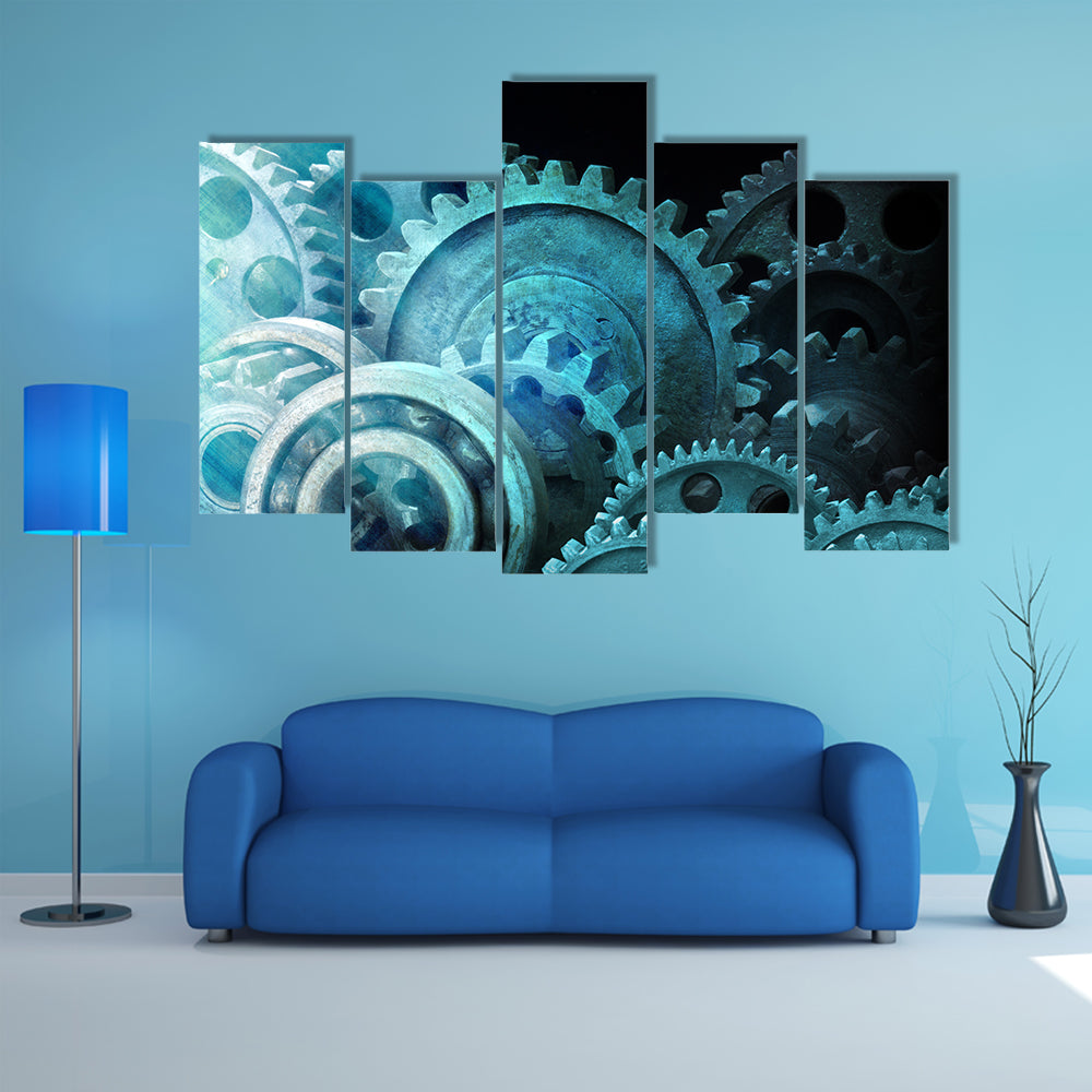 Industrial Cogs Gears Canvas Wall Art in black, gray and blue, framed print, product view on a white background