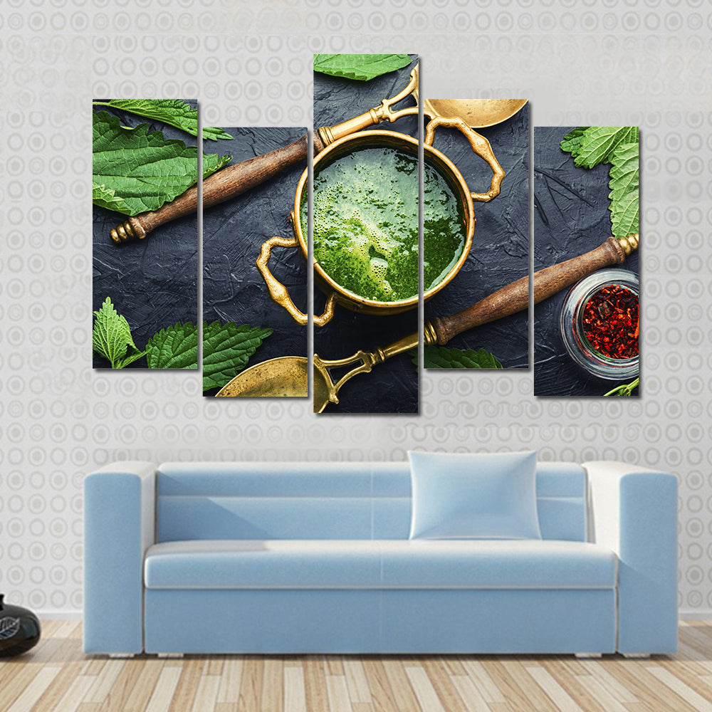 Green Nettle Soup in Brass Pot Canvas Wall Art