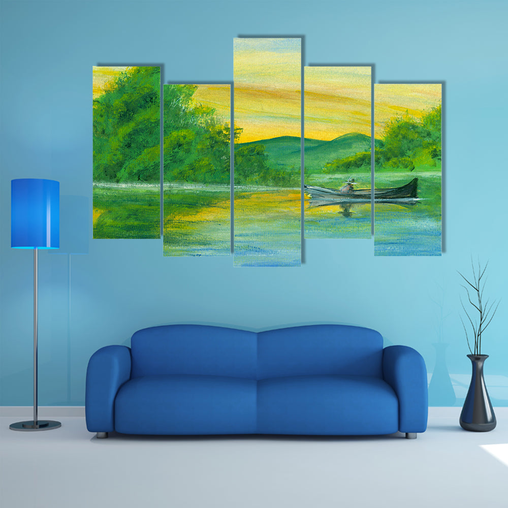 Watercolor Lake with Rowboat at Sunrise Canvas Wall Art