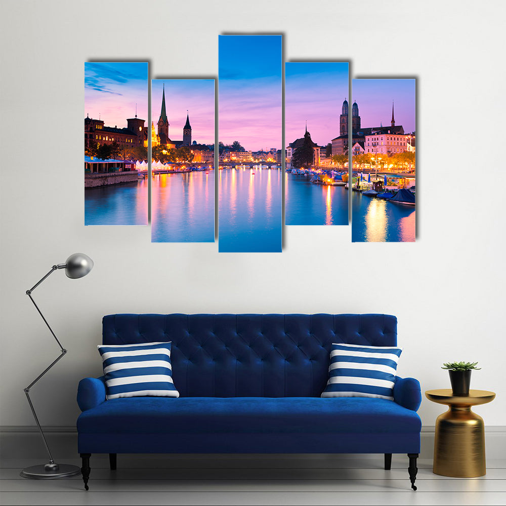 Zurich Skyline At Blue Hour In Switzerland Canvas Wall Art
