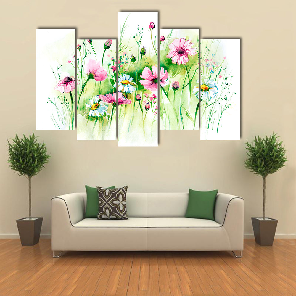 Pink Cosmos and White Daisies Meadow Canvas Wall Art