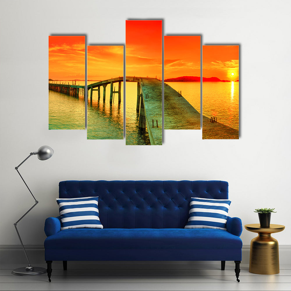 Sunset Over The Sea Pier Canvas Wall Art