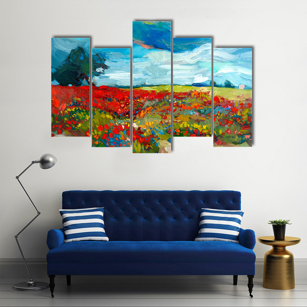 Red Poppy Field Abstract Landscape Canvas Wall Art
