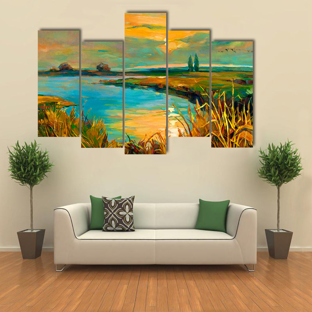 Golden Lakeside Sunset Canvas Wall Art