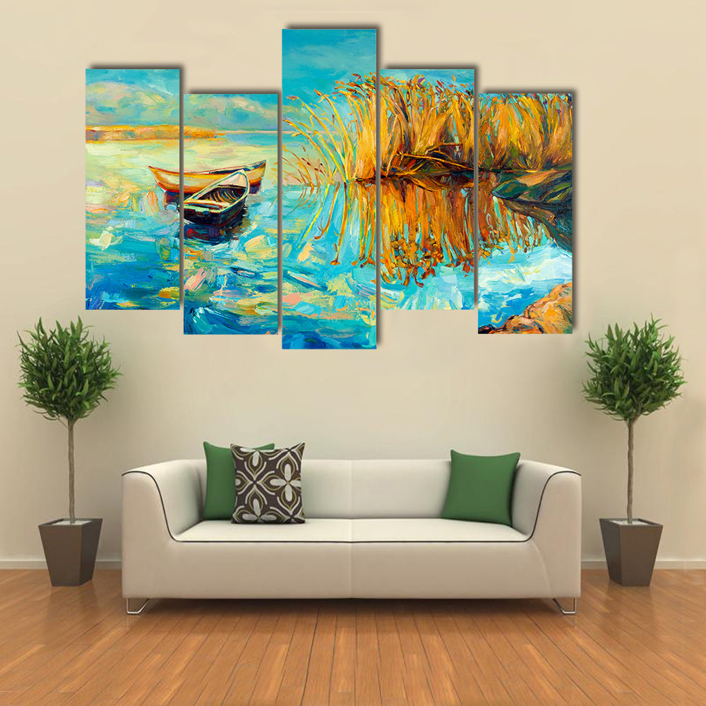 Two Rowboats at Golden Reeds Canvas Wall Art